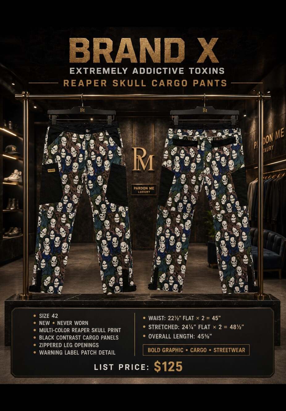 Brand X Xtremely Addictive Toxins Reaper Skull Pattern Cargo Pants